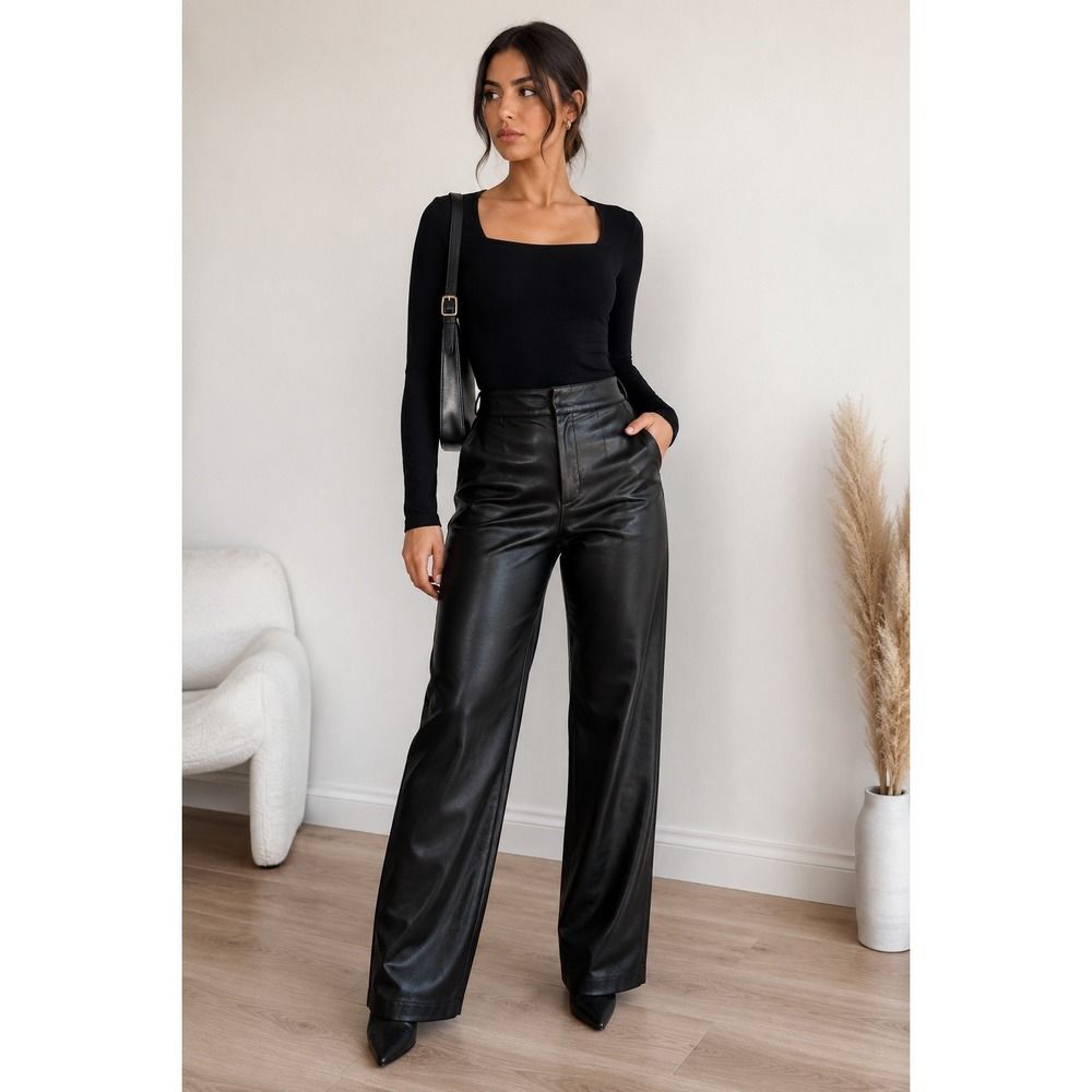 RD Style Black Faux Leather Wide Leg Pants Small High Rise Elastic Back NWT